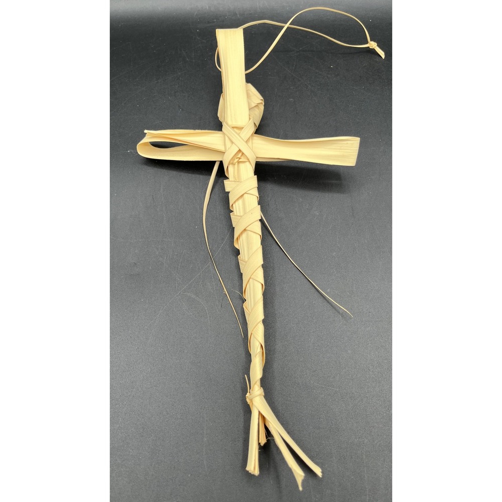 Handmade Woven Palm Leaf Sweetgrass Cross Wall Hanging Rose Detail 12" Religious